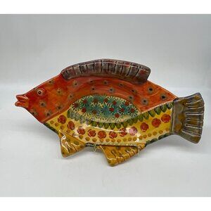 Italica ARS Italy Hand-Painted Ceramic Fish-Shaped Serving Dish 14"x8"